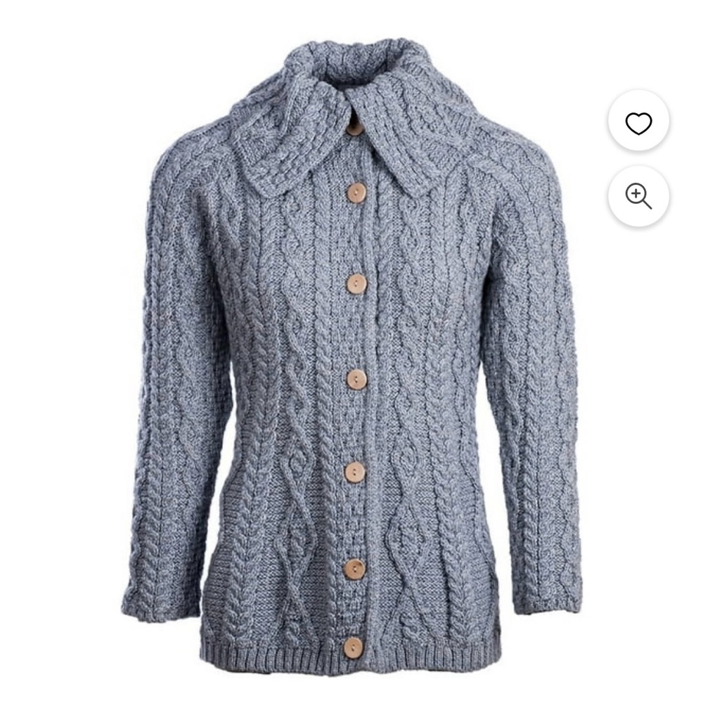 Aran Irish Gray Cable Knit Cardigan 100% Merino Wool Chunky with Buttons - Picture 2 of 4